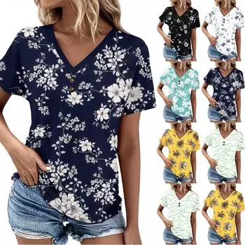 Летние женские топы с узором для женщин, удобные женские топы с короткими рукавами и v-образным вырезом, футболки большого размера L бежевый