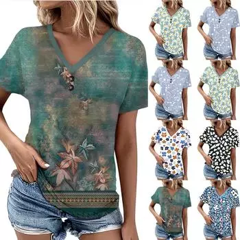 Летние женские топы с узором для женщин, удобные женские топы с короткими рукавами и v-образным вырезом, футболки большого размера L бежевый