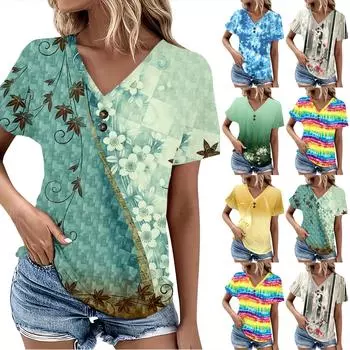 Летние женские топы с узором для женщин, удобные женские топы с короткими рукавами и v-образным вырезом, футболки большого размера