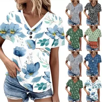 Летние женские топы с узором для женщин, удобные женские топы с короткими рукавами и v-образным вырезом, футболки большого размера