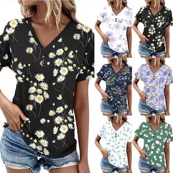 Летние женские топы с узором для женщин, удобные женские топы с короткими рукавами и v-образным вырезом, футболки большого размера