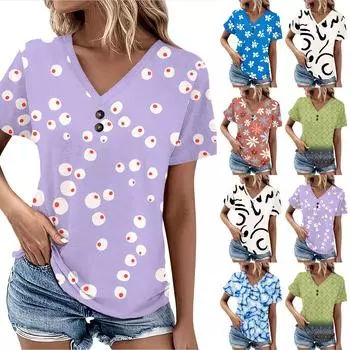 Летние женские топы с узором для женщин, удобные женские топы с короткими рукавами и v-образным вырезом, футболки большого размера