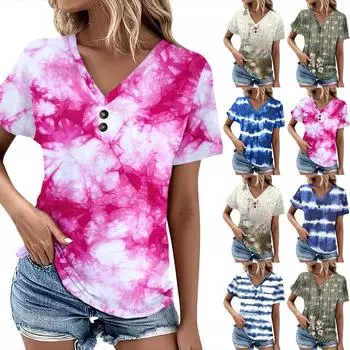 Летние женские топы с узором для женщин, удобные женские топы с короткими рукавами и v-образным вырезом, футболки большого размера