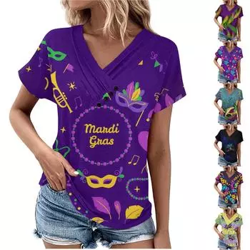 Летние женские топы с узором для женщин, удобные женские топы с короткими рукавами и v-образным вырезом, футболки большого размера