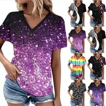 Летние женские топы с узором для женщин, удобные женские топы с короткими рукавами и v-образным вырезом, футболки большого размера L бежевый