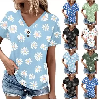 Летние женские топы с узором для женщин, удобные женские топы с короткими рукавами и v-образным вырезом, футболки большого размера L бежевый