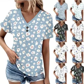 Летние женские топы с узором для женщин, удобные женские топы с короткими рукавами и v-образным вырезом, футболки большого размера L бежевый