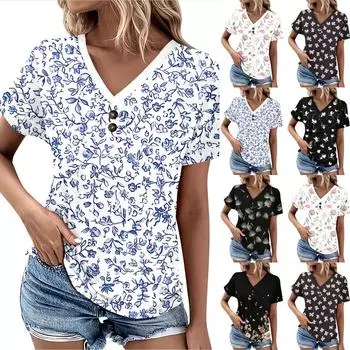 Летние женские топы с узором для женщин, удобные женские топы с короткими рукавами и v-образным вырезом, футболки большого размера