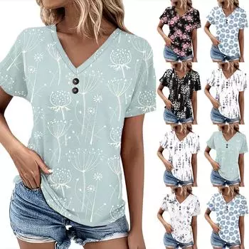 Летние женские топы с узором для женщин, удобные женские топы с короткими рукавами и v-образным вырезом, футболки большого размера L бежевый