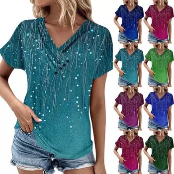 Летние женские топы с узором для женщин, удобные женские топы с короткими рукавами и v-образным вырезом, футболки большого размера L синий