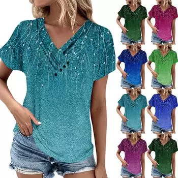 Летние женские топы с узором для женщин, удобные женские топы с короткими рукавами и v-образным вырезом, футболки большого размера L синий
