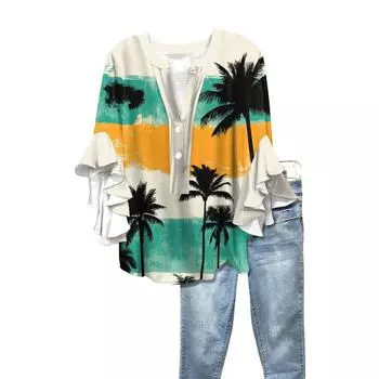 Летние женские топы с V-образным вырезом и рукавом семь восьмых, весенне-летние топы с цветочным принтом, повседневная рубашка L армия зеленый