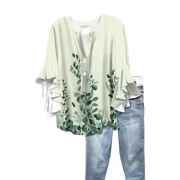 Летние женские топы с V-образным вырезом и рукавом семь восьмых, весенне-летние топы с цветочным принтом, повседневная рубашка L армия зеленый