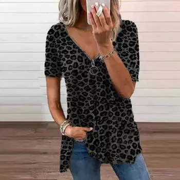 Летние женские топы с v-образным вырезом на молнии и леопардовым принтом, свободная футболка с короткими рукавами XL чёрный