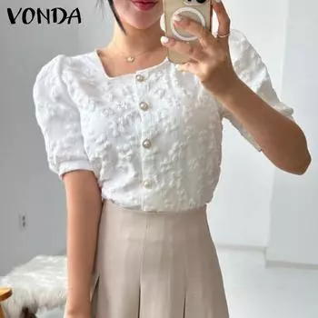 Летние женские топы VONDA с цветочным принтом и квадратным вырезом, пышными короткими рукавами