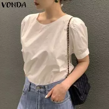 Летние женские топы VONDA с открытой спиной и пышными рукавами, однотонные женские топы на шнуровке