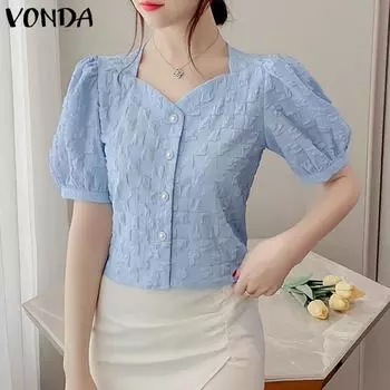 Летние женские топы VONDA с пышными рукавами и квадратным воротником на пуговицах