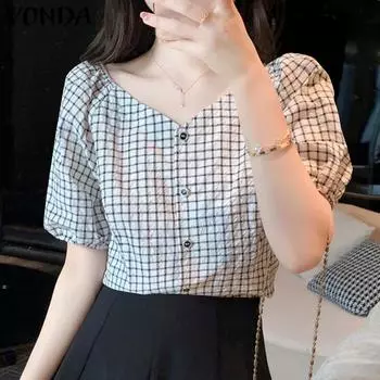Летние женские топы VONDA в клетку с пышными рукавами и V-образным вырезом