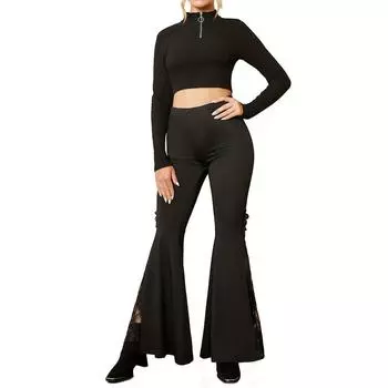 Летние женские трикотажные кружевные расклешенные брюки с высокой талией S чёрный