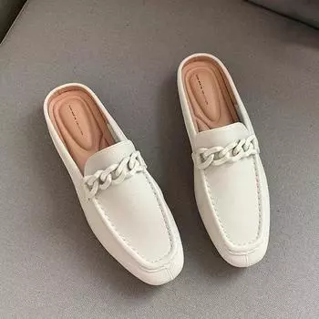Летние женские туфли без шнуровки с металлической цепочкой, мокасины на плоской подошве без шнуровки, мокасины с закрытым носком, модельер, удобные повседневные шлепанцы из искусственной кожи 41 бежевый