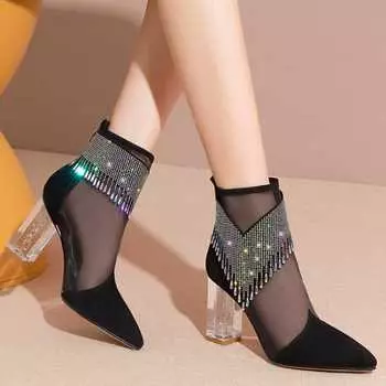 Летние женские туфли-лодочки, босоножки на прозрачном каблуке для свадебной вечеринки, женские прозрачные туфли на высоком каблуке из дышащей сетки Sandalias De Mujer 33 чёрный