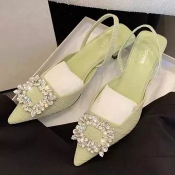 Летние женские туфли-лодочки с кристаллами, элегантные свадебные туфли на маленьком каблуке, тканевые сандалии со стразами и острым носком на высоком каблуке 35