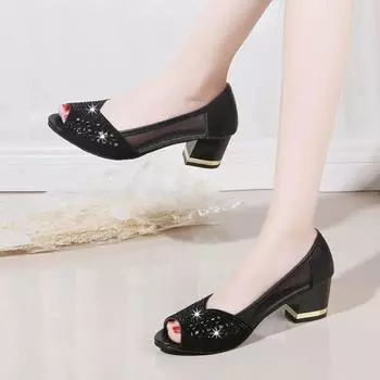 Летние женские туфли-лодочки с открытым носком на высоком каблуке, женские босоножки с вырезом, модельные туфли 43 чёрный