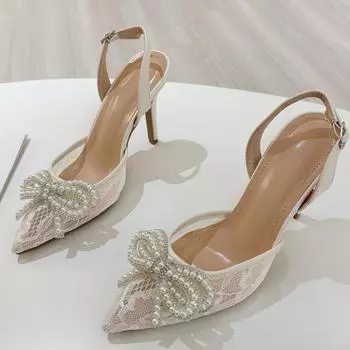 Летние женские туфли-лодочки с жемчужным бантом, с острым носком, кружевные босоножки на шпильке, банкетные туфли на щиколотке с пряжкой 35