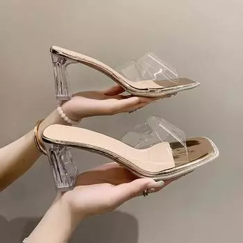 Летние женские туфли-лодочки, сандалии, прозрачные тапочки из ПВХ, женские прозрачные тапочки на высоком каблуке с открытым носком, туфли из плексигласа, прозрачные сандалии на каблуке 35