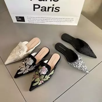 Летние женские туфли-мюли с вышивкой, роскошные модные элегантные туфли с острым носком, женские туфли на плоской подошве, сандалии 35-39 35