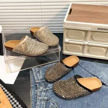 Летние женские туфли-мюли с закрытым носком, тапочки на плоской подошве, модные туфли-слайды с кристаллами, женская обувь в уличном стиле 35 абрикосовый