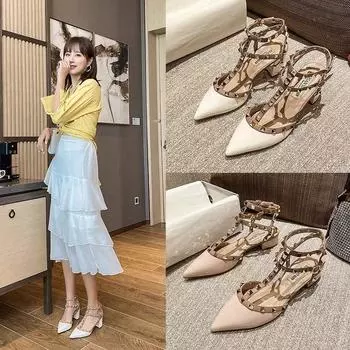 Летние женские туфли на плоской подошве с заклепками и острым носком, классные туфли Мэри Джейн Баотоу на среднем каблуке 34 чёрный