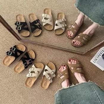 Летние женские туфли на плоской подошве с открытым носком, модные туфли с перекрестной пряжкой для отдыха на пляже и отдыха, женские шлепанцы 35 бежевый