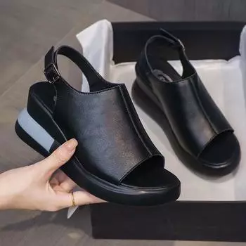 Летние женские туфли на танкетке, однотонные сандалии с открытым носком на высоком каблуке, повседневные женские модные женские сандалии с пряжкой и ремешком 35 чёрный