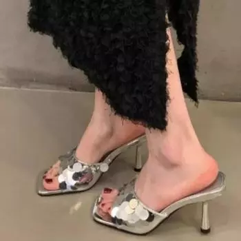 Летние женские туфли на высоком каблуке и тапочки, модные и элегантные, с квадратным носком, универсальные, серебристые, женские туфли для отдыха на природе 35