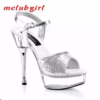 Летние женские туфли на высоком каблуке с пайетками и кристаллами, босоножки с тонким каблуком «рыбий рот» для ночного клуба, каблук 14 см, платформа 4 см, YKC 34 серебряный