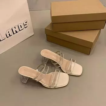 Летние женские туфли на высоком каблуке, удобные, из хрусталя и клея, модные, с ромбами, трендовые, новые, с квадратным носком, на танкетке, шлепанцы на одном ремешке 35