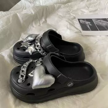 Летние женские туфли с отверстиями, новинка 2024 года, садовые туфли с мягкой подошвой своими руками, каблук 5 см, нескользящие толстые сандалии из ЭВА, повседневные пляжные тапочки 36 37 чёрный