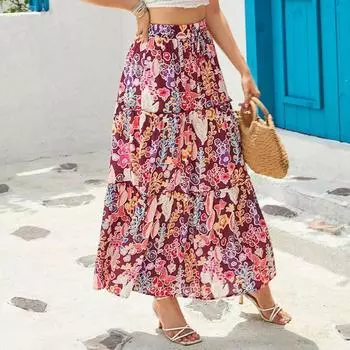 Летние женские юбки с цветочным принтом, модная юбка больших размеров с высокой талией, женская трапециевидная винтажная элегантная простая свободная праздничная пляжная юбка Lady 24352 S