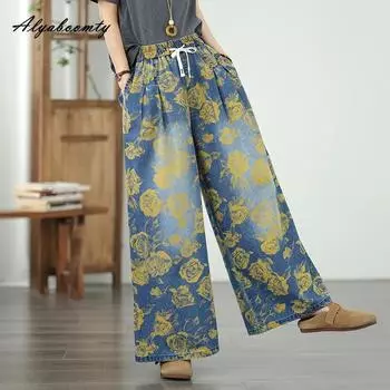 Летние женские уличные прямые джинсы с эластичным поясом и цветочным принтом, свободные джинсовые брюки в стиле ретро, повседневные свободные женские джинсы больших размеров M синий
