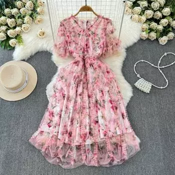 Летние женские вечерние платья с v-образным вырезом и сетчатым принтом, милое праздничное пляжное платье с короткими рукавами S розовый