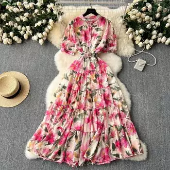 Летние женские винтажные элегантные длинные праздничные платья с объемными рукавами и принтом на талии one size розовый