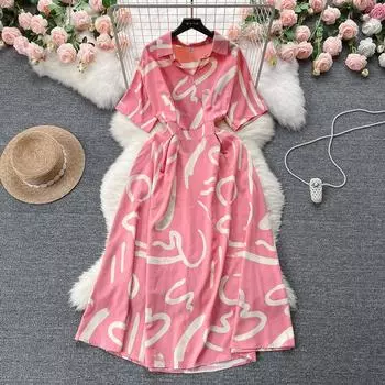 Летние женские винтажные длинные платья с короткими рукавами и принтом на талии one size бордовый