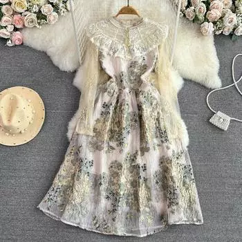 Летние женские винтажные дворцовые жаккардовые вышивки с цветочной сеткой в стиле пэчворк, вечерние платья S бежевый