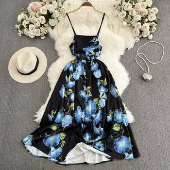 Летние женские винтажные платья с принтом розы на спагетти, длинные макси-платья для подиума, праздничные вечерние платья S