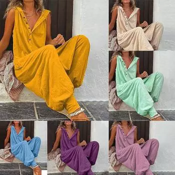 Летние женские винтажные повседневные пляжные брюки с пуговицами, модные свободные однотонные комбинезоны без рукавов с капюшоном S бежевый