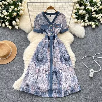 Летние женские винтажные принты брендовые дизайнерские платья для подиума с V-образным вырезом джинсовые шифоновые лоскутные платья миди для вечеринок M синий