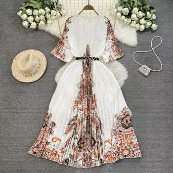 Летние женские винтажные принты длинные макси негабаритные свободные вечерние праздничные пляжные платья с поясом One Size чёрный