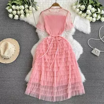 Летние женские винтажные сетчатые лоскутные платья для торта, модное эластичное длинное вечернее платье миди S чёрный