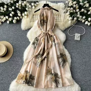 Летние женские винтажные шифоновые платья с принтом большого размера, свободные праздничные пляжные платья-майки на шнуровке S